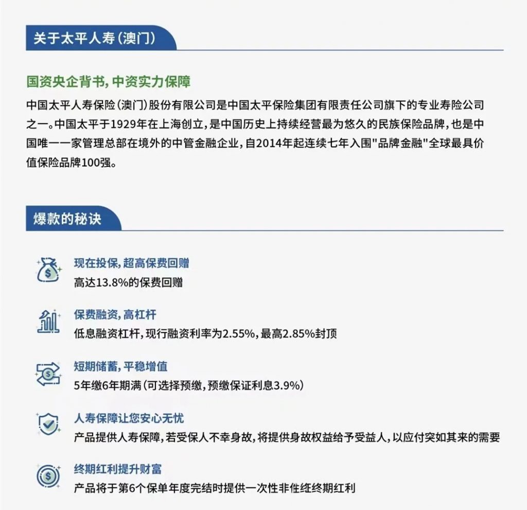 澳门太平金钻卓跃低息融资保单！6年期套利收益年化复利近8%！中短期稳健产品首选！